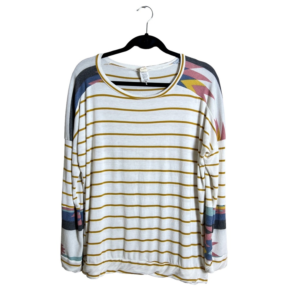 7th Ray Striped Long Sleeve Top Boho Geometric Accents White Mustard